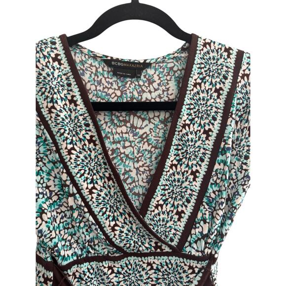 BCBG MaxAzria XS Aqua Brown Floral print faux wrap tie top #4487 - Picture 3 of 12